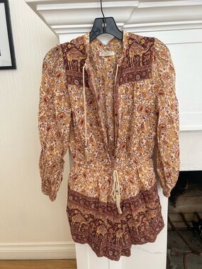 SPELL & THE GYPSY Boho Floral Drawstring Romper in Mustard and Burgundy